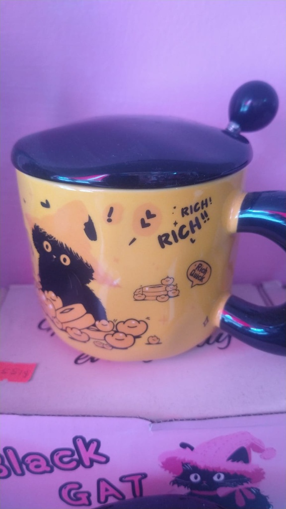 Taza temática de gatos con tapa y asa portátil 