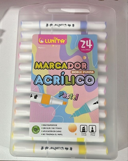 Marcador Acrílico de 24 colores pastel, Lunita, Doble punta.