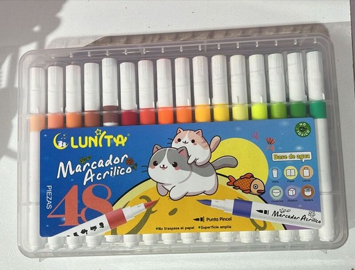 Marcador Acrílico 48 piezas punta pincel Lunita, colores, plumones.