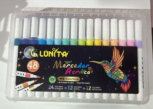 Marcador Acrílico 48 piezas, punta pincel colores intensos, pastel, metálicos.