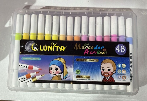 Marcador Acrílico 48 piezas, Colores Metálicos y pastel Lunita, plumones.