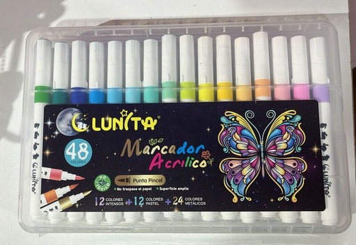 Marcador Acrílico 48 piezas, colores intensos, pastel, metálicos, Mariposa, plumones