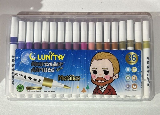 Marcador Acrílico Metálico 36 colores, punta pincel, Lunita.