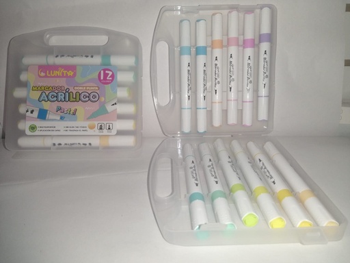 Marcador acrilico pastel, doble punta, 12 colores, multisuperficie.