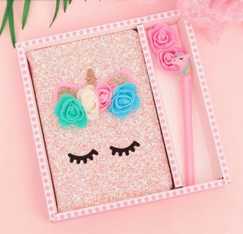 Cuaderno Libreta Unicornio Con Glitter Y Lápiz